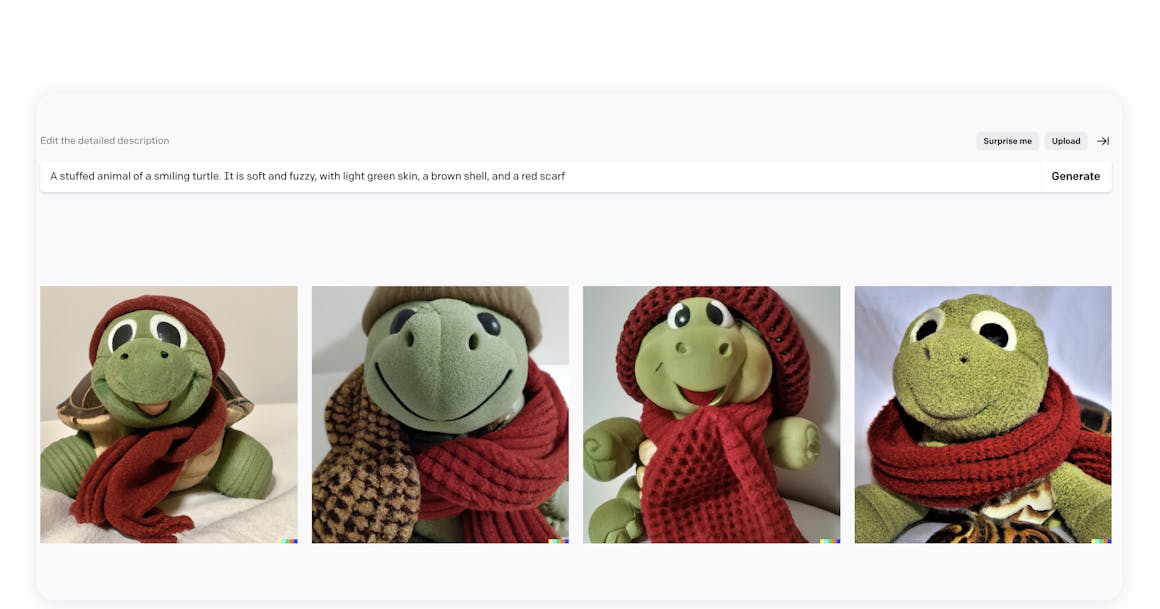 A series of stuffed animal turtles wearing red scarves, under a search field with the phrase "A stuffed animal of a smiling turtle. It is soft and fuzzy, with light green skin, a brown shell, and a red scarf."