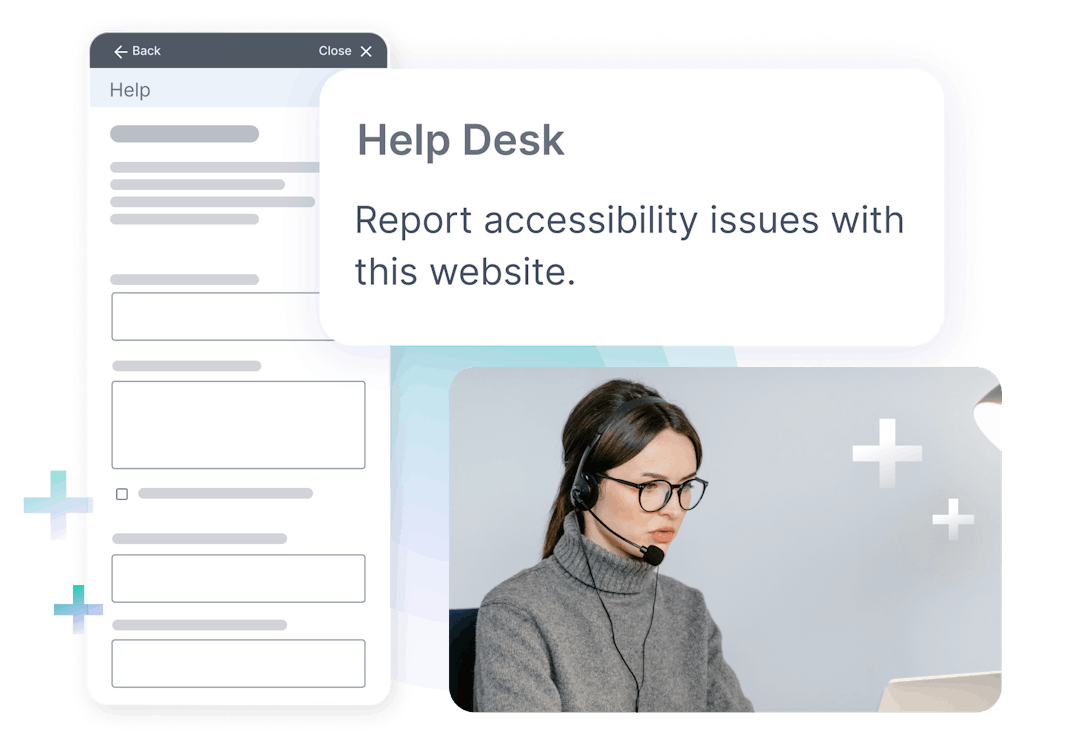Online help desk portal with a women with a headset in front of a computer