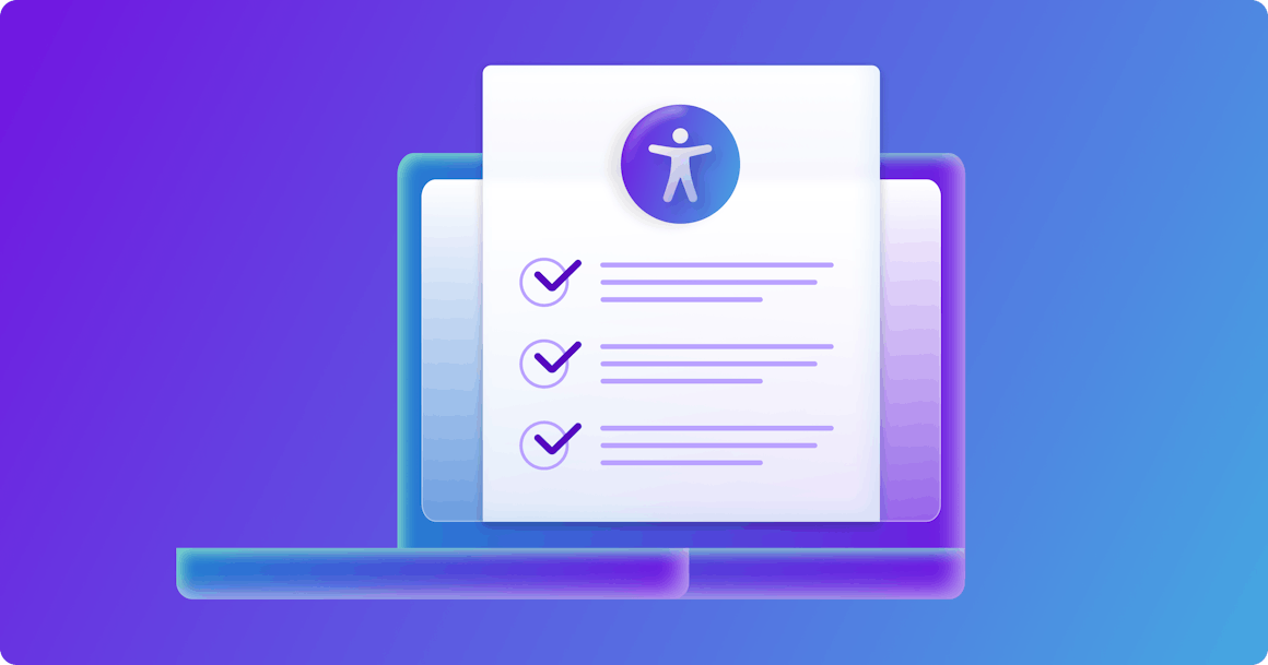 A checklist with the A11y icon in front on a laptop with a blue and purple gradient background.