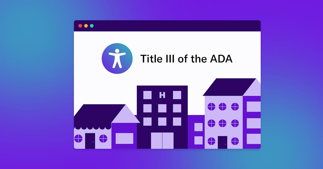 web browser with a businesses and hospital buildings, an accessibility icon, and the words "title iii of the ada"