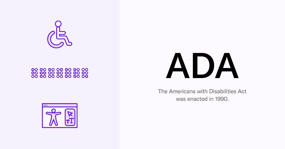 Wheelchair icon, braille, and accessibility man icon on the left with the text ADA The Americans with Disabilities Act was enacted in 1990. on the right.