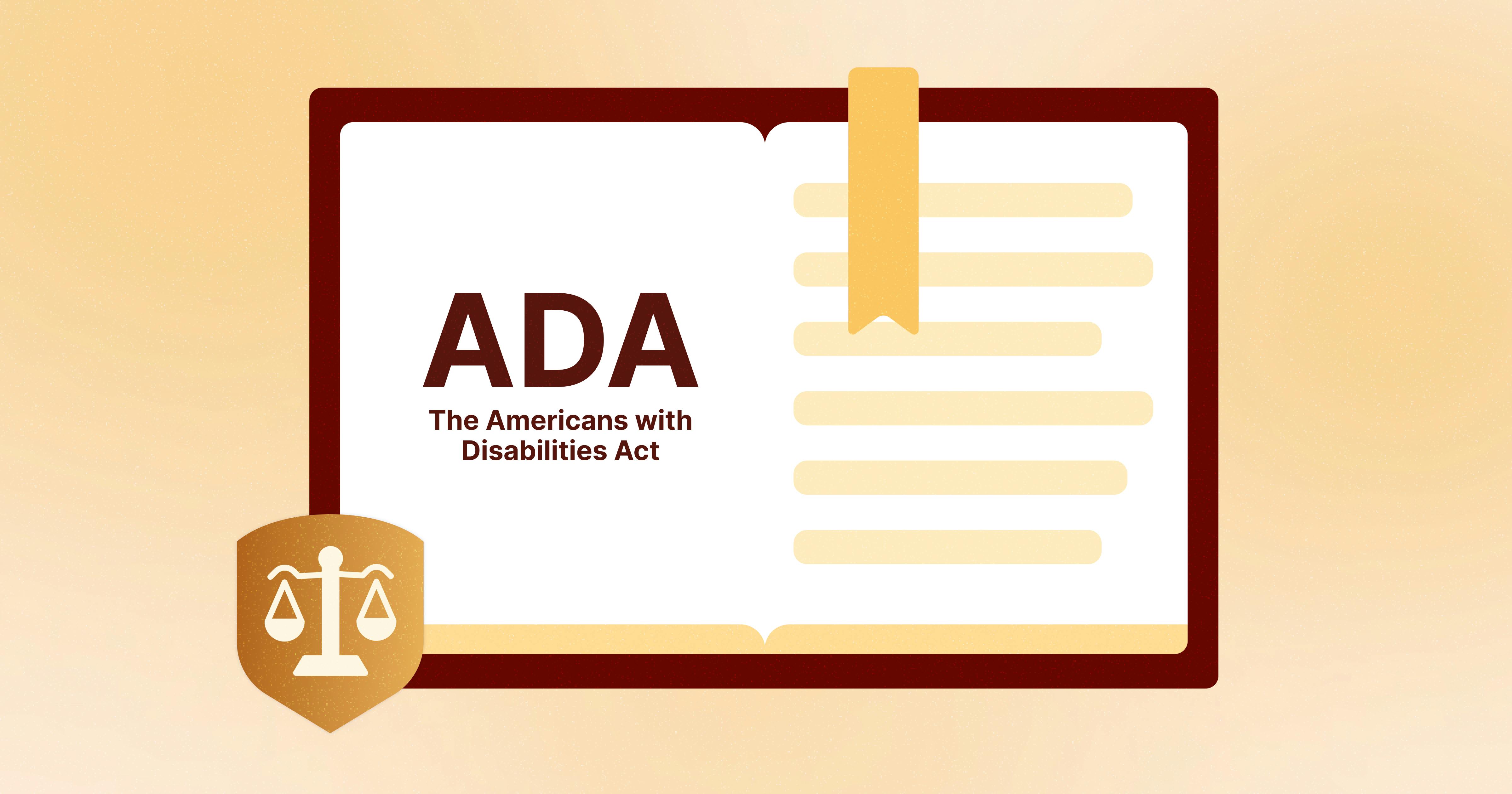 Stylized screen with 'ADA' on the left side of the screen and a bookmark on the right side. An icon of a balanced scale is in the lower right-hand corner.