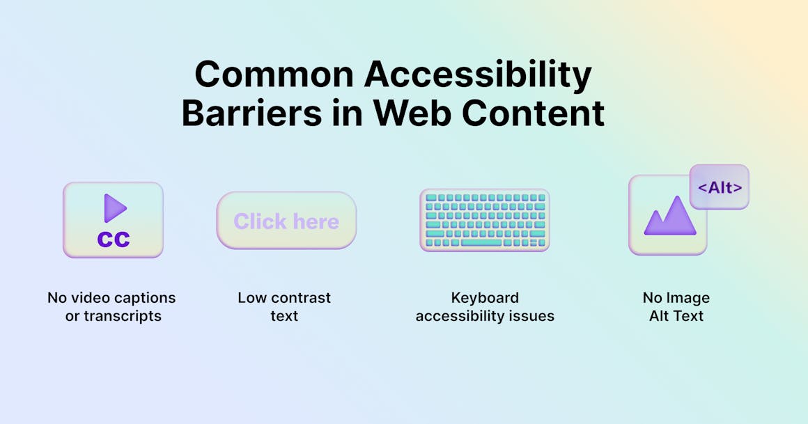 A list of common digital accessibility barriers, including no captions, low contrast text, keyboard accessibility issues and no alt text.