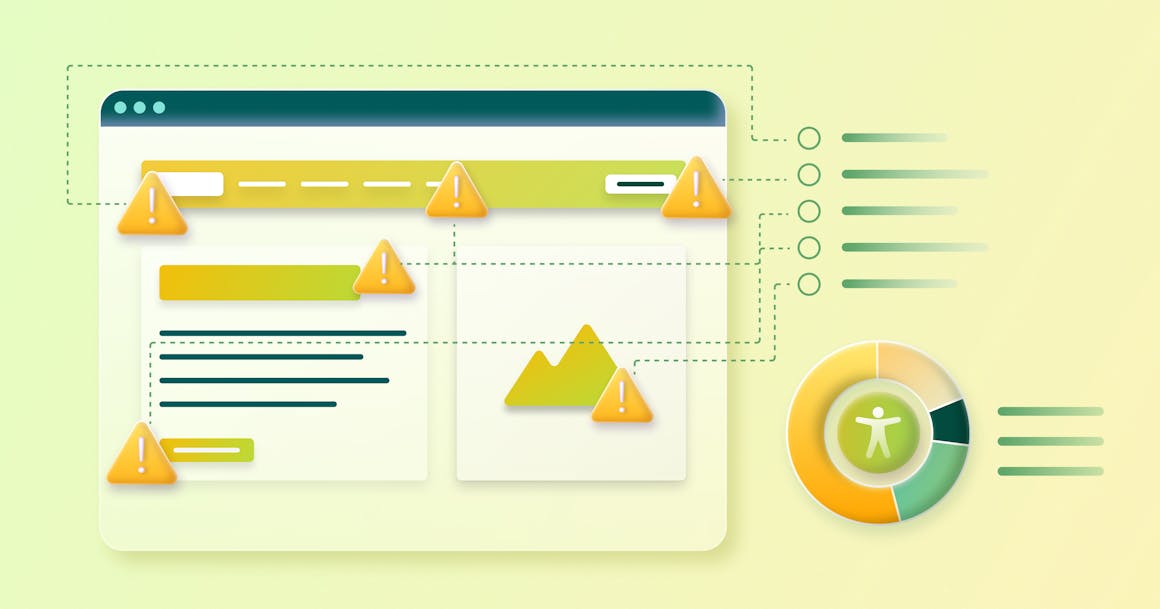 A web browser with a number of icons indicating accessibility issues. In the bottom-right corner, there is an accessibility icon in the center of a pie chart