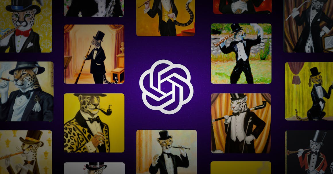 The logo for OpenAI surrounded by a variety of paintings that show leopards dressed in tuxedos.
