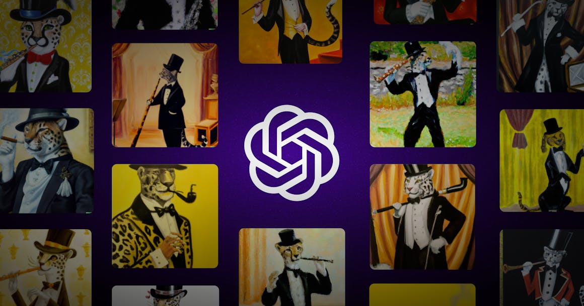 The logo for OpenAI surrounded by a variety of paintings that show leopards dressed in tuxedos.