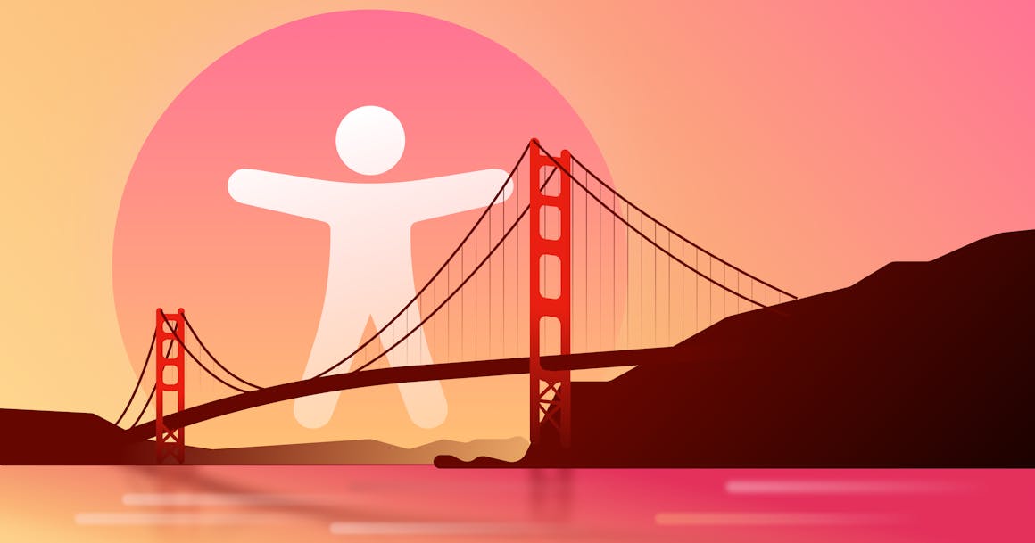 An illustration of the Golden Gate Bridge in California, with an accessibility icon behind it.