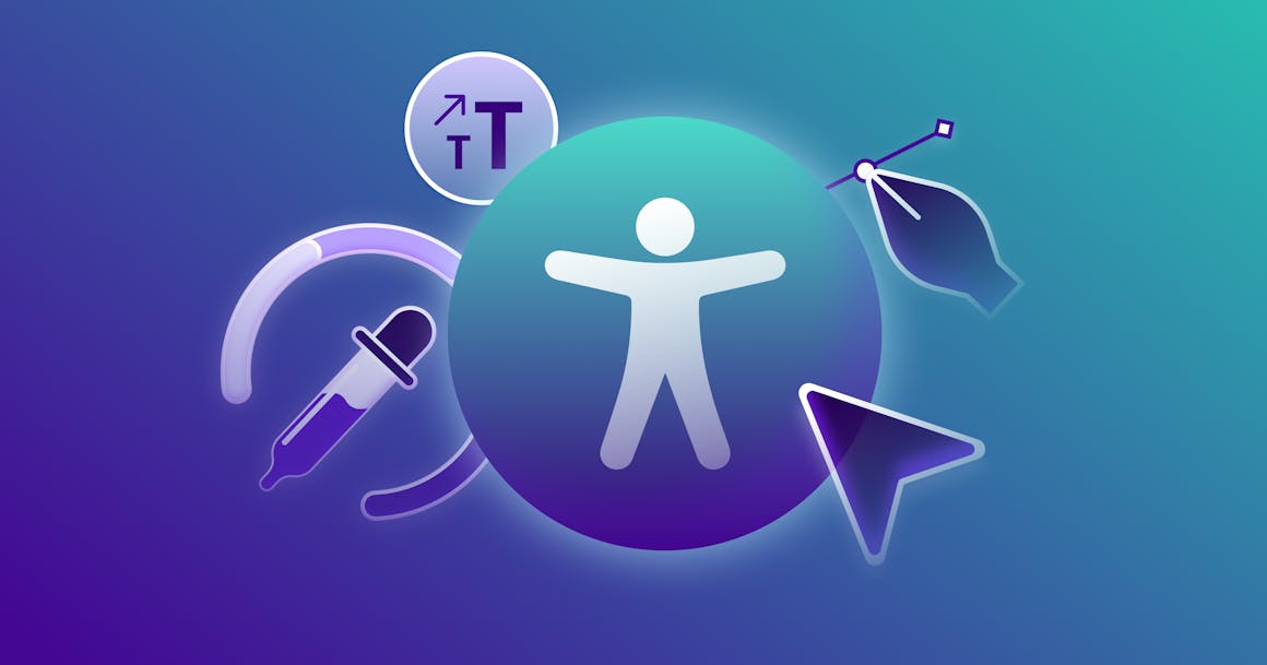 An accessibility icon surrounded by a number of design tools — an eyedropper, a cursor, and an anchor point tool.