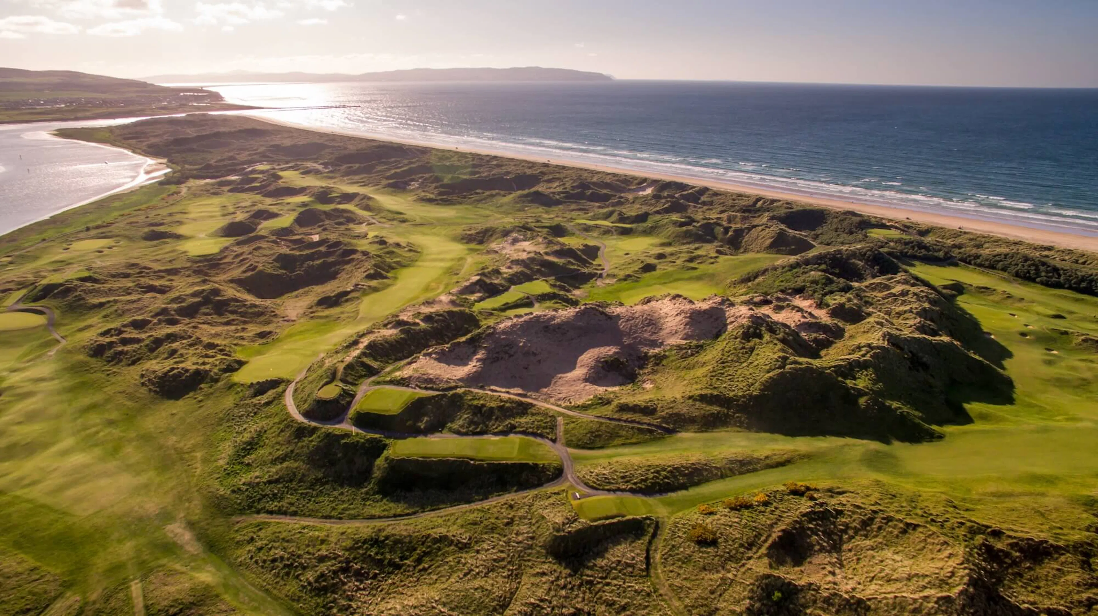 Aerial view over the dramatic Portstewart Golf Club in Northern Ireland.