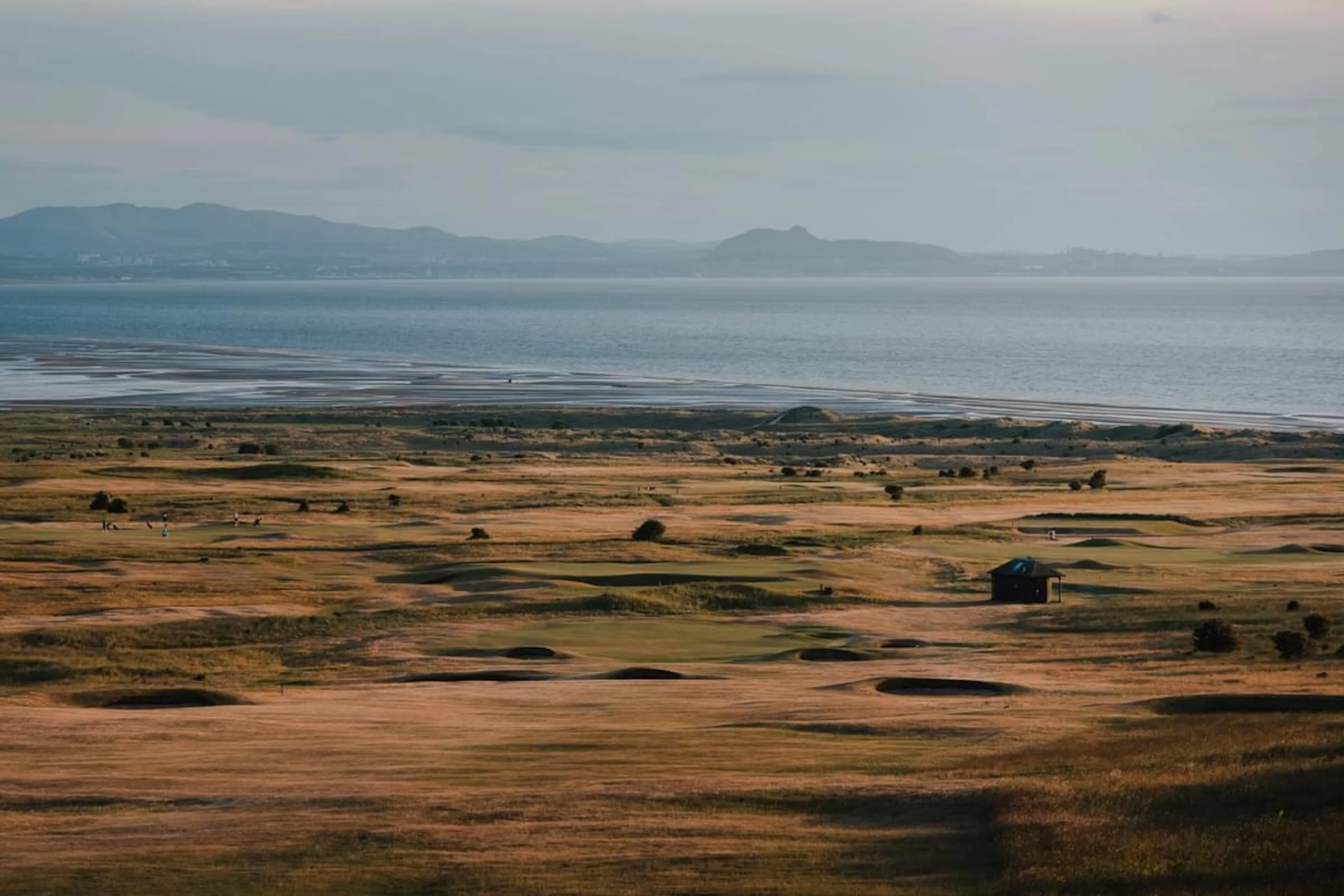 View over Gullane Golf Links with Edinburgh in the background. 