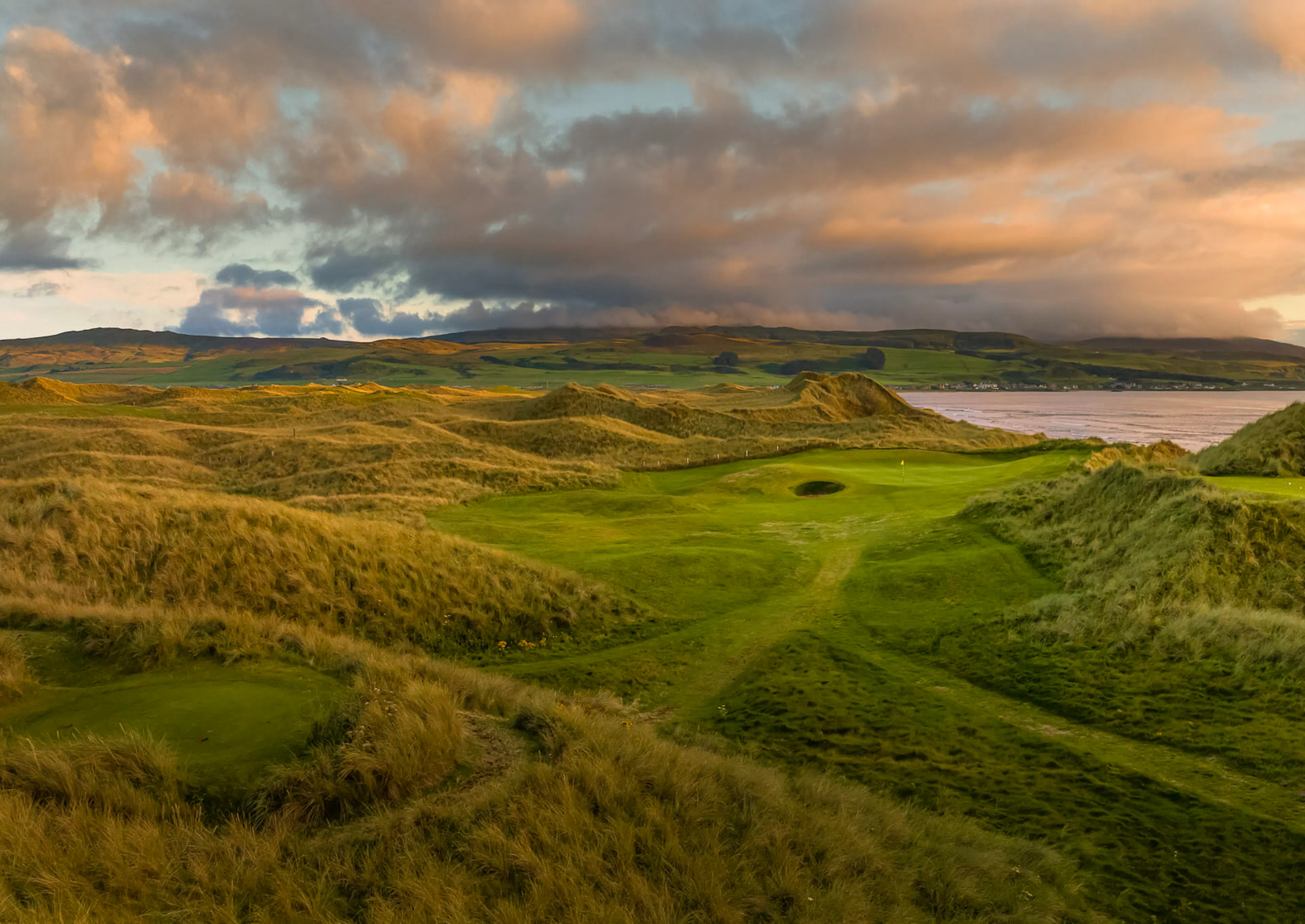 The golden views over the Machrihanish Dunes Golf Links on the Kintyre Peninsular Argyle, Scotland.   