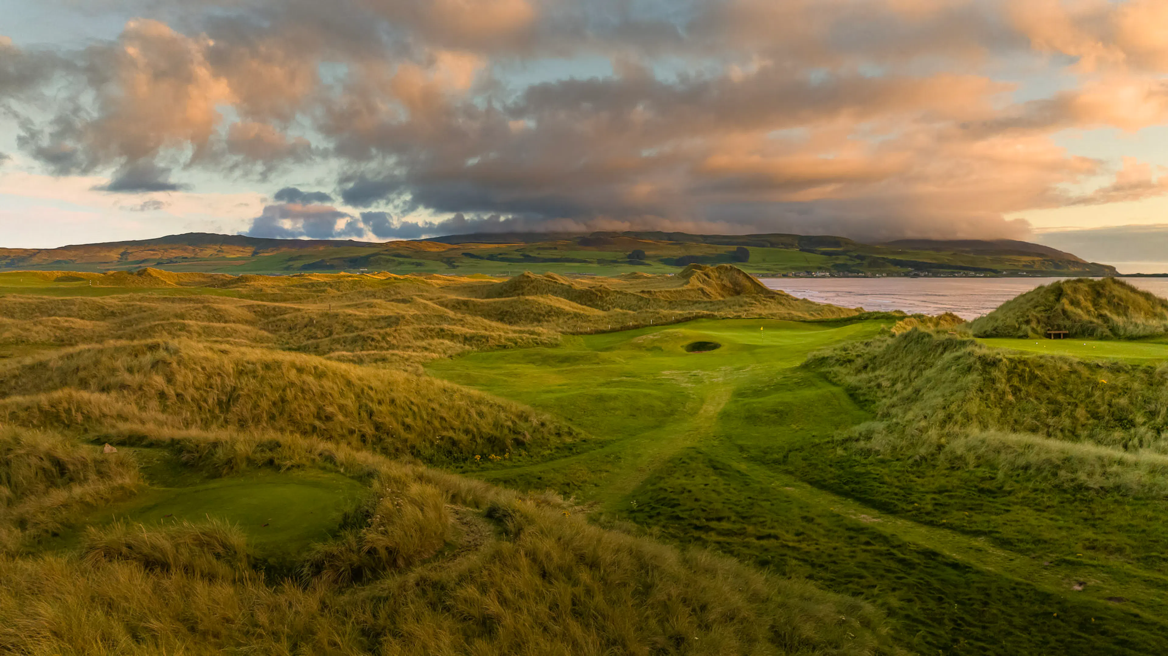 The golden views over the Machrihanish Dunes Golf Links on the Kintyre Peninsular Argyle, Scotland.   