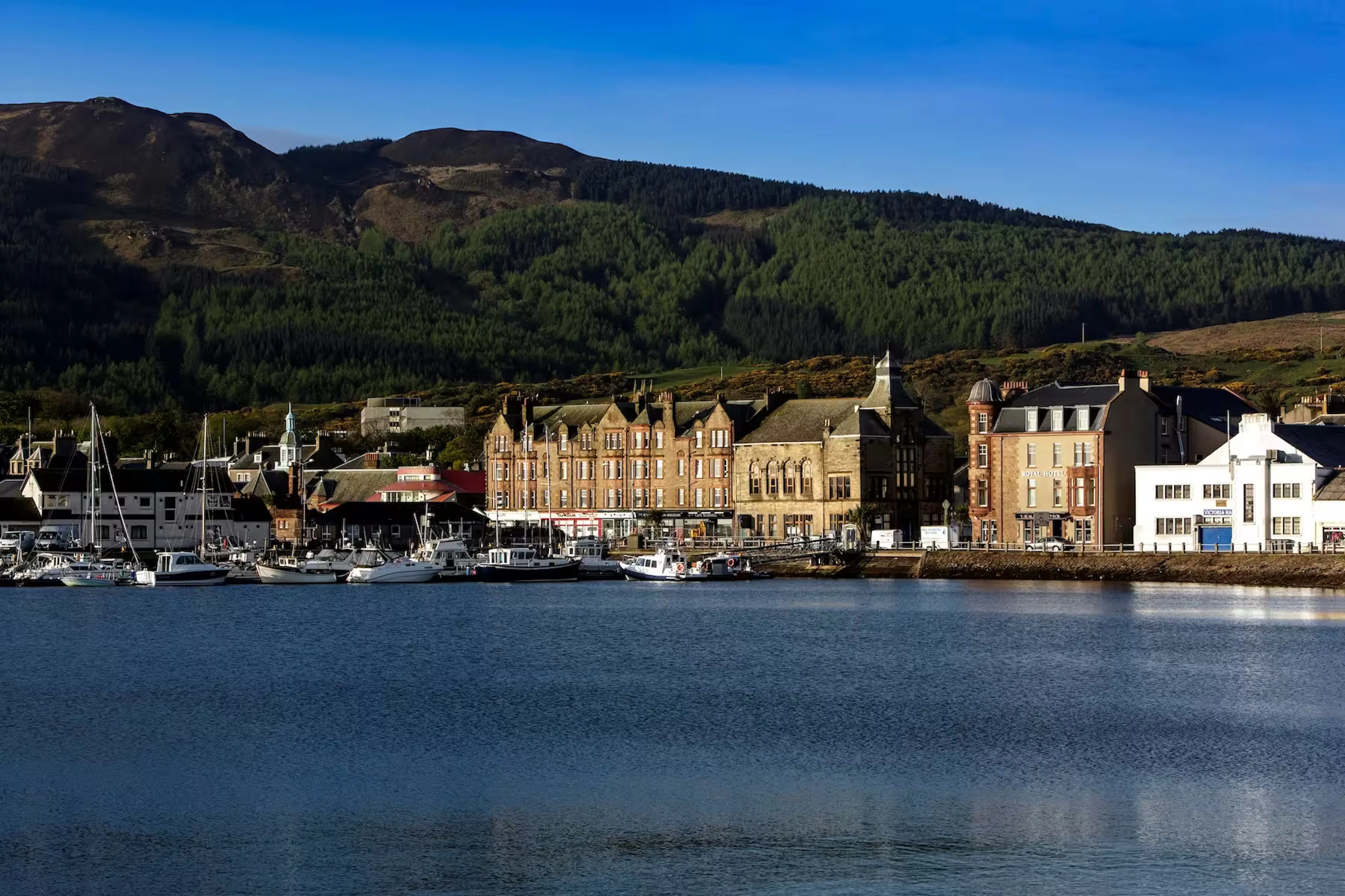 View across the water to the Royal Hotel in Campbeltown on the Kintyre Peninsular. 