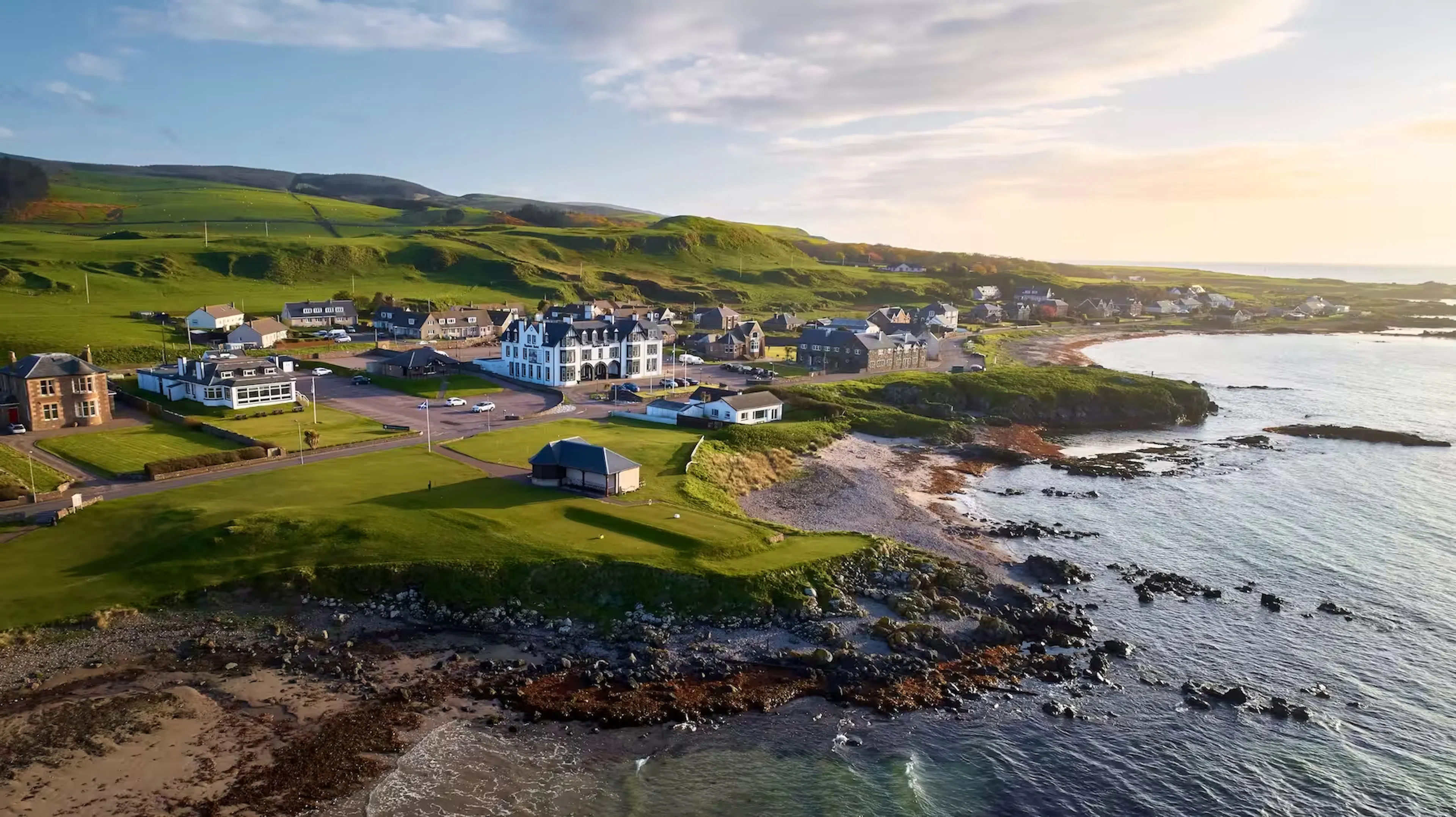 Aerial view of the Ugadale Hotel & Cottages in Machrihanish on the Kintyre Peninsular.  