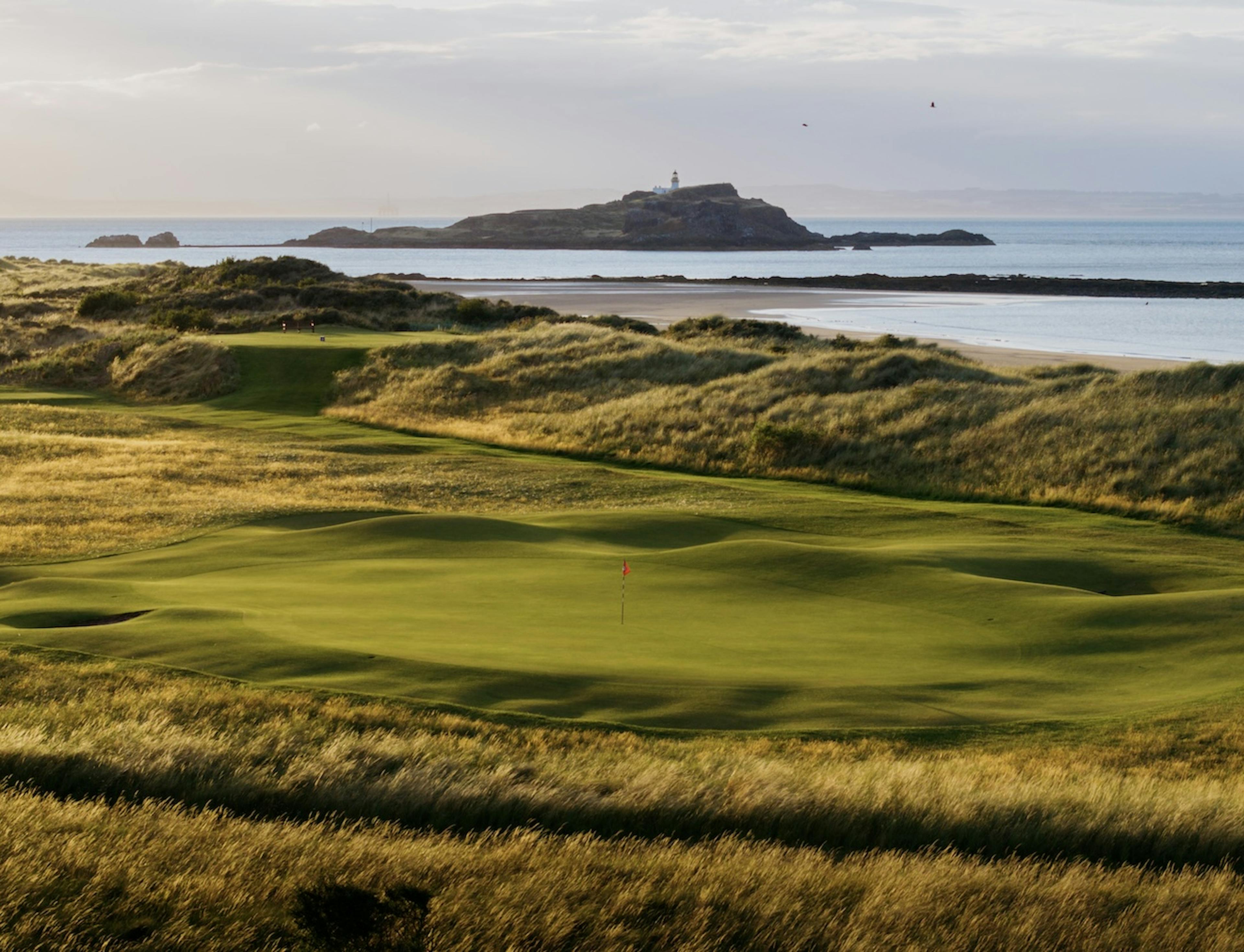 Looking back up the par-three 10th hole on North Berwick’s West Links, with the island of Fidra in the distance, famous for inspiring Robert Louis Stevenson’s Treasure Island.