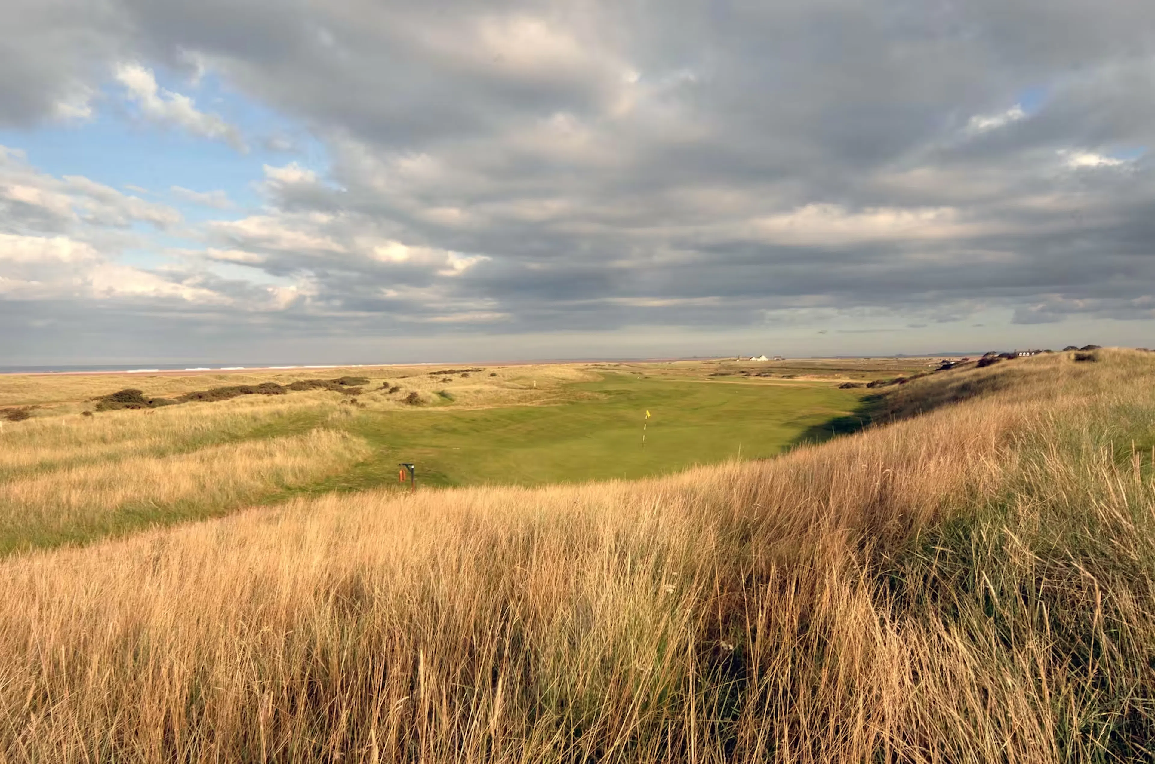 Looking out over fescue grasses surrounding the 14th green at Goswick Links. 