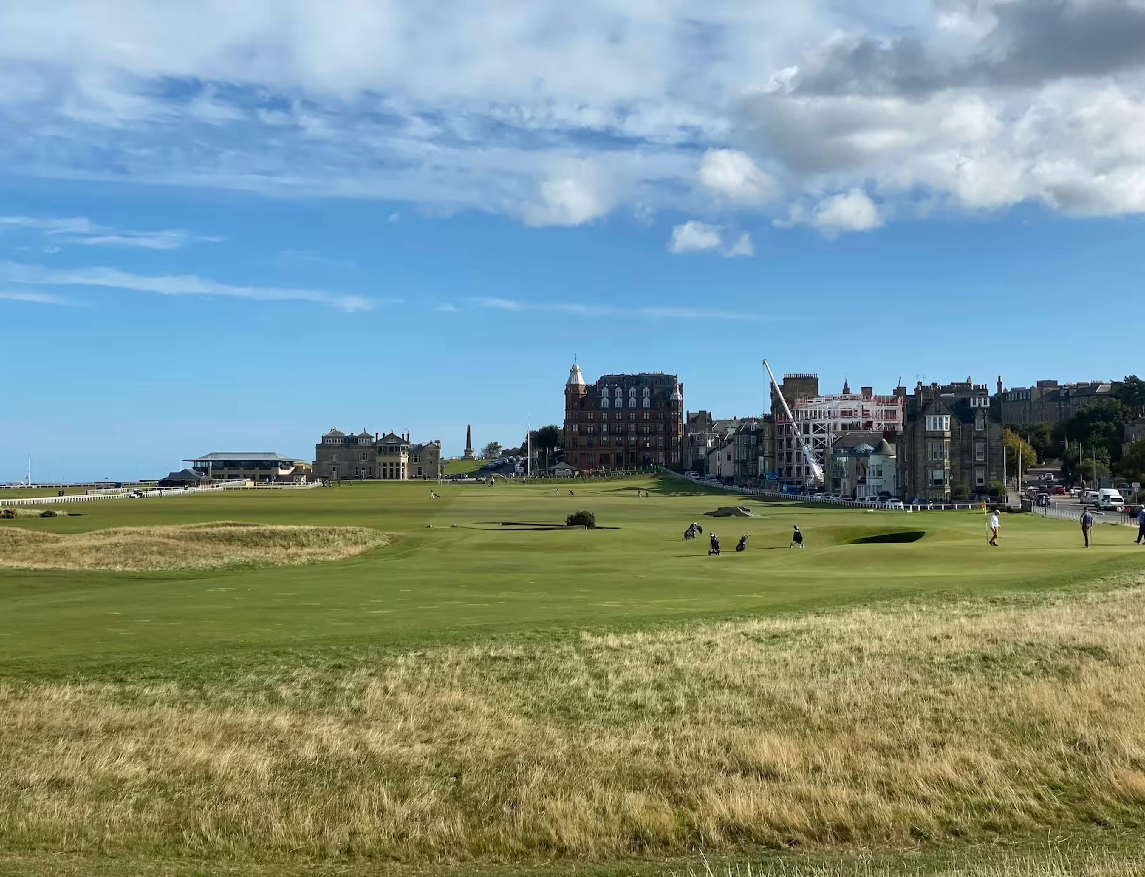 The view back towards town over the Old Course, St Andrews.