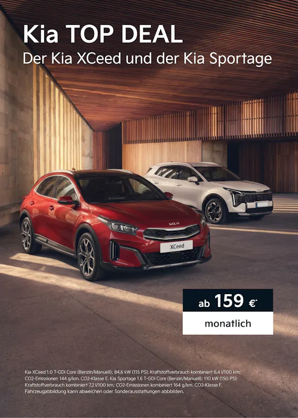 Roter Kia XCeed und weißer Kia Sportage