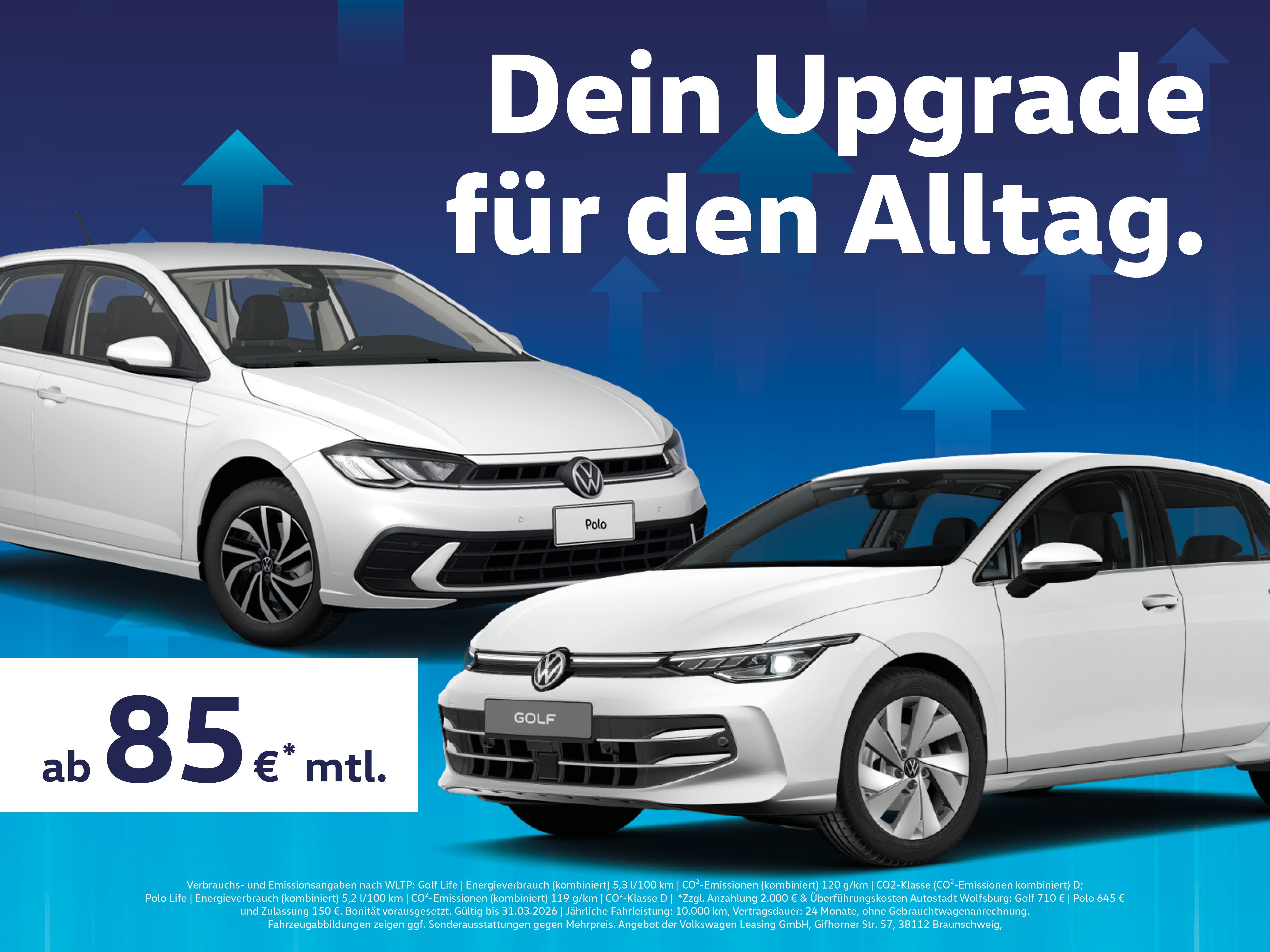 Weißer Polo und Weißer Golf auf einem blauen Hintergrund mit dem Text Dein Upgrade für den Alltag.