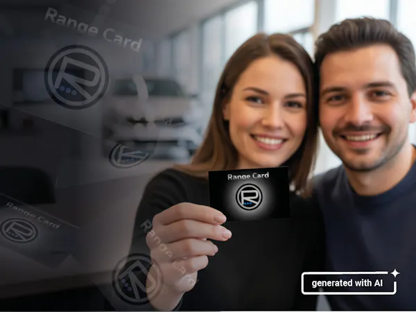 Ein glückliches Paar hält die Bonuskarte "Range Card" vom Autohaus Range in Fritzlar.