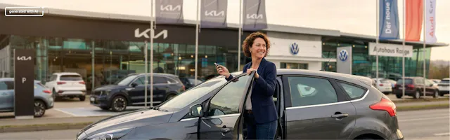 Inzahlungnahme Fahrzeug | Frau steht mit Auto vor dem Autohaus Range in Fritzlar und möchte es Anzahlung geben.