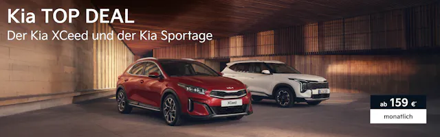 Roter Kia XCeed und weißer Kia Sportage, Kia Top Deals.