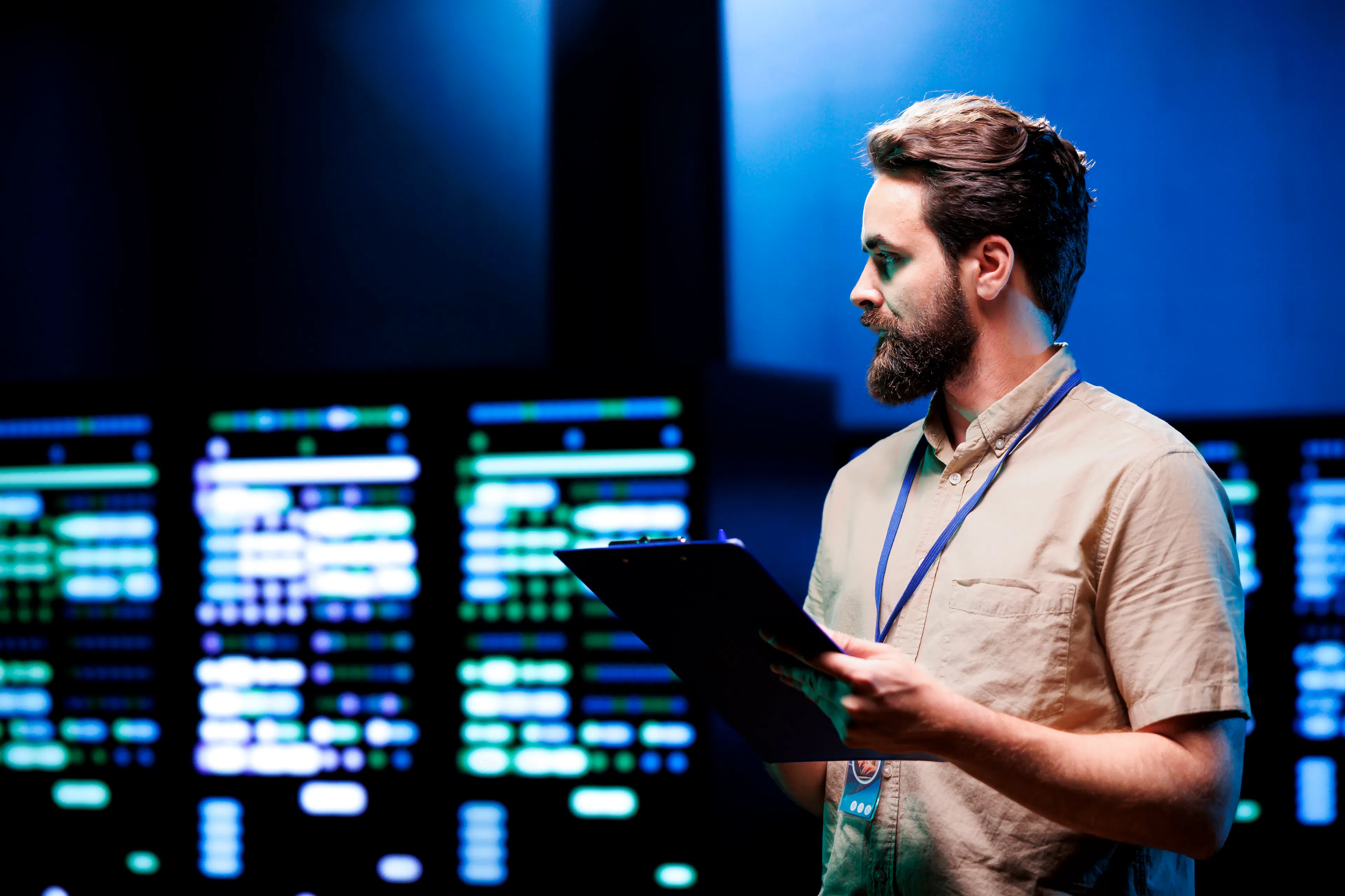 cybersecurity professional working on software project in modern office
