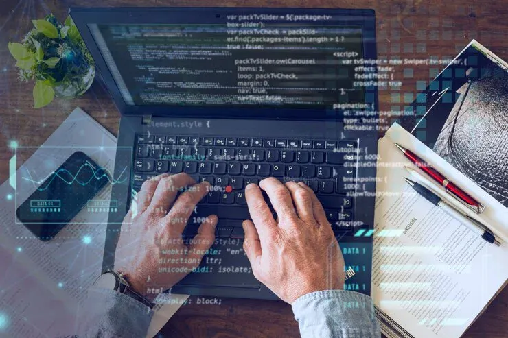 person working with HTML and CSS code collage