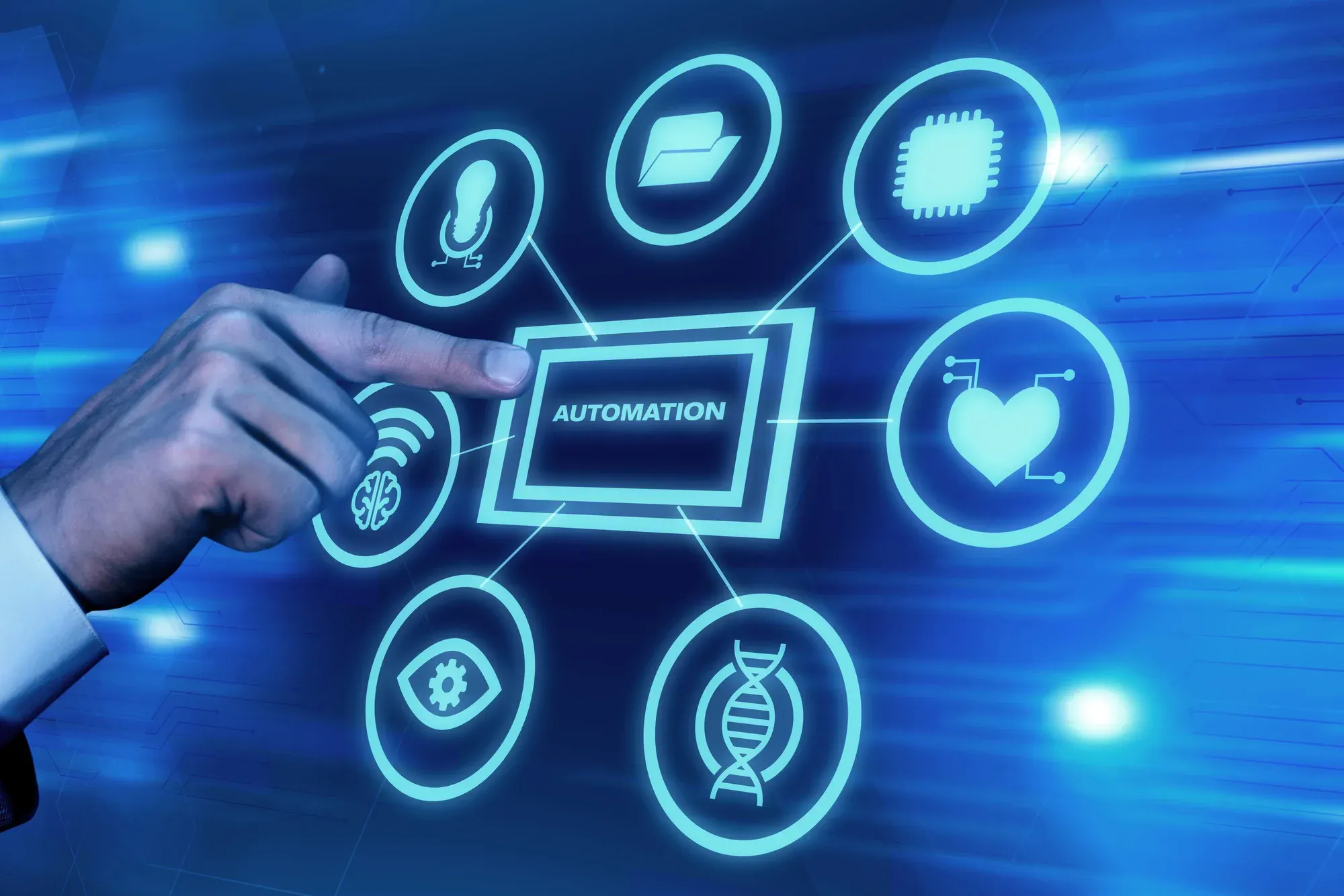 hand touching screen showing RPA automation concept