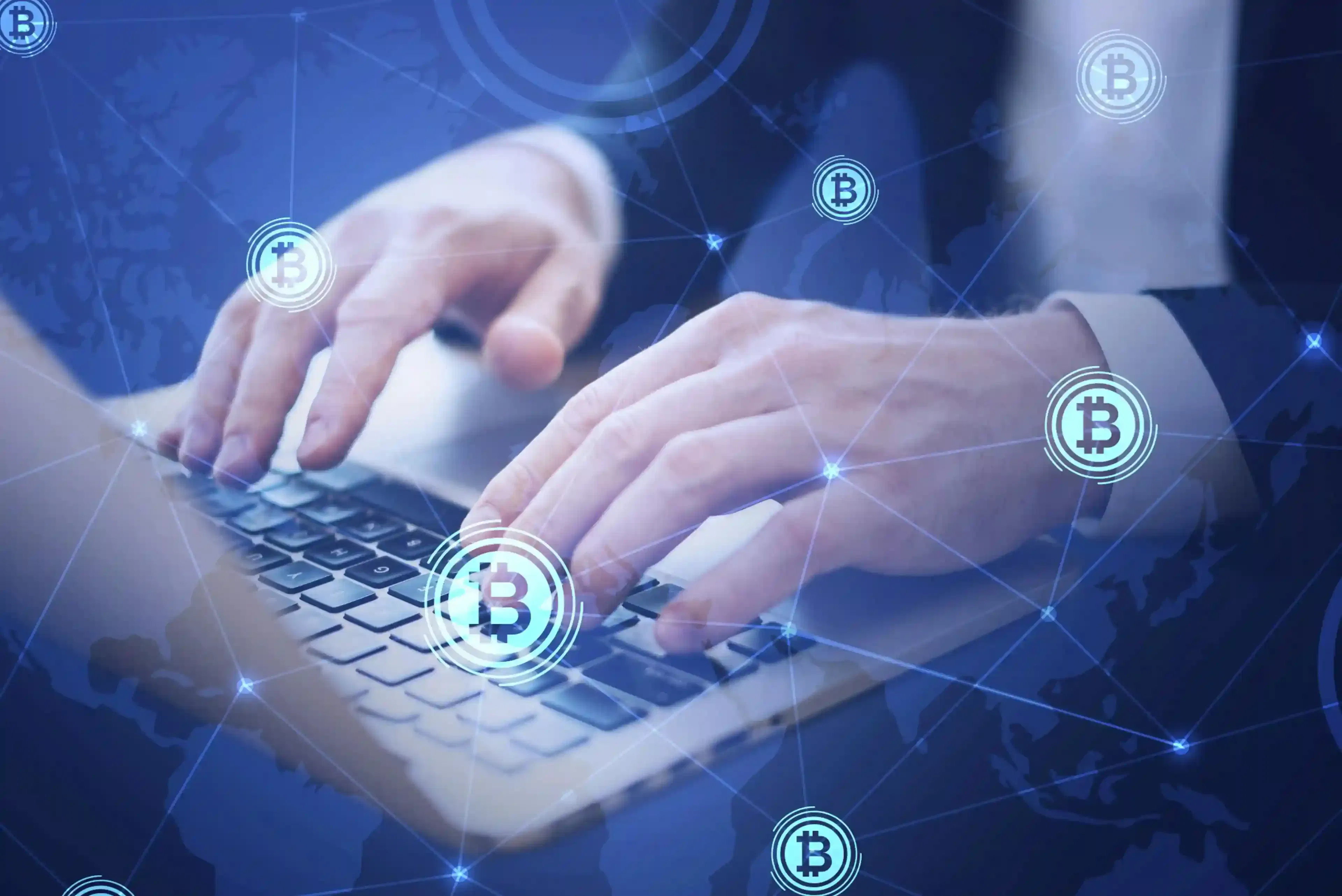 man using laptop to connect with others on blockchain network