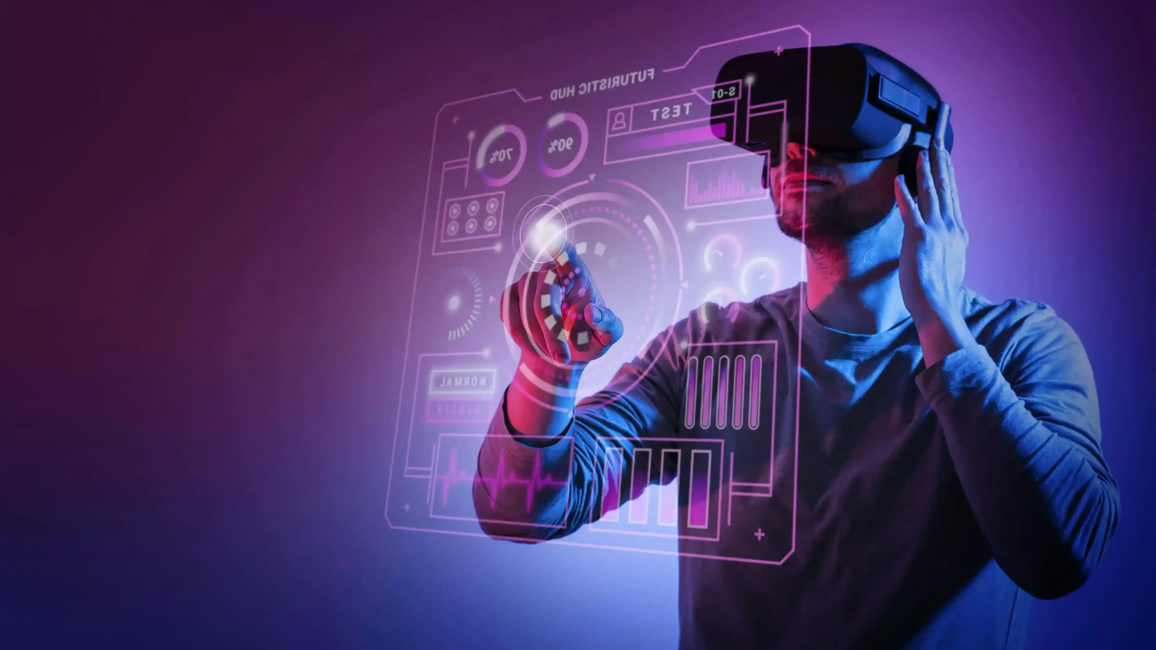 man wearing VR glasses experiencing metaverse environment