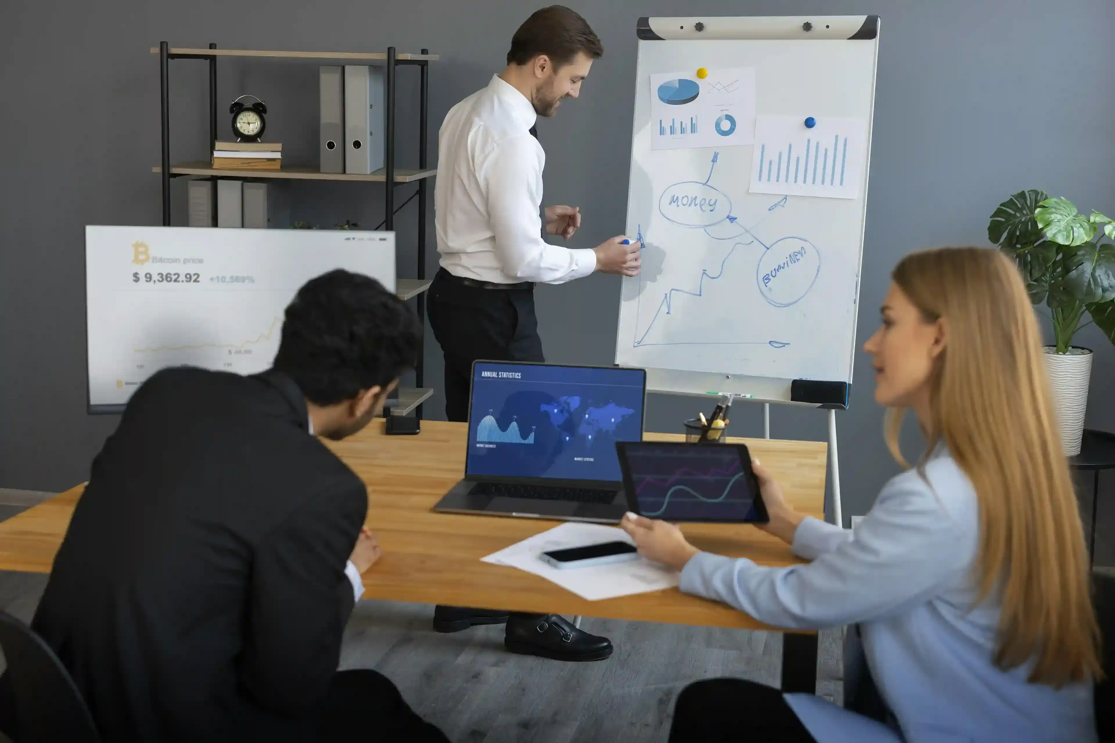 data-driven business person analyzing finance graphs