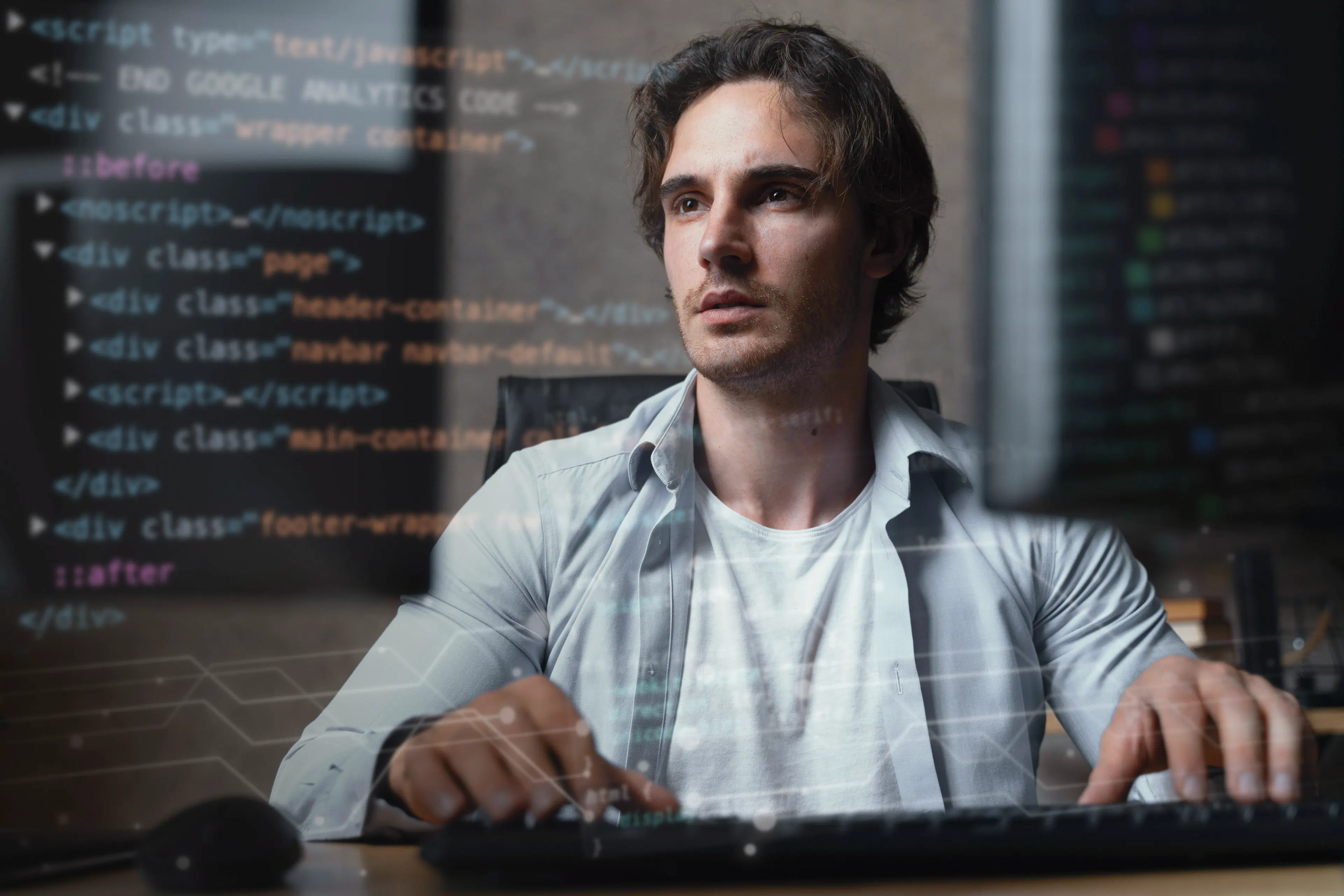 person working with HTML and CSS code collage