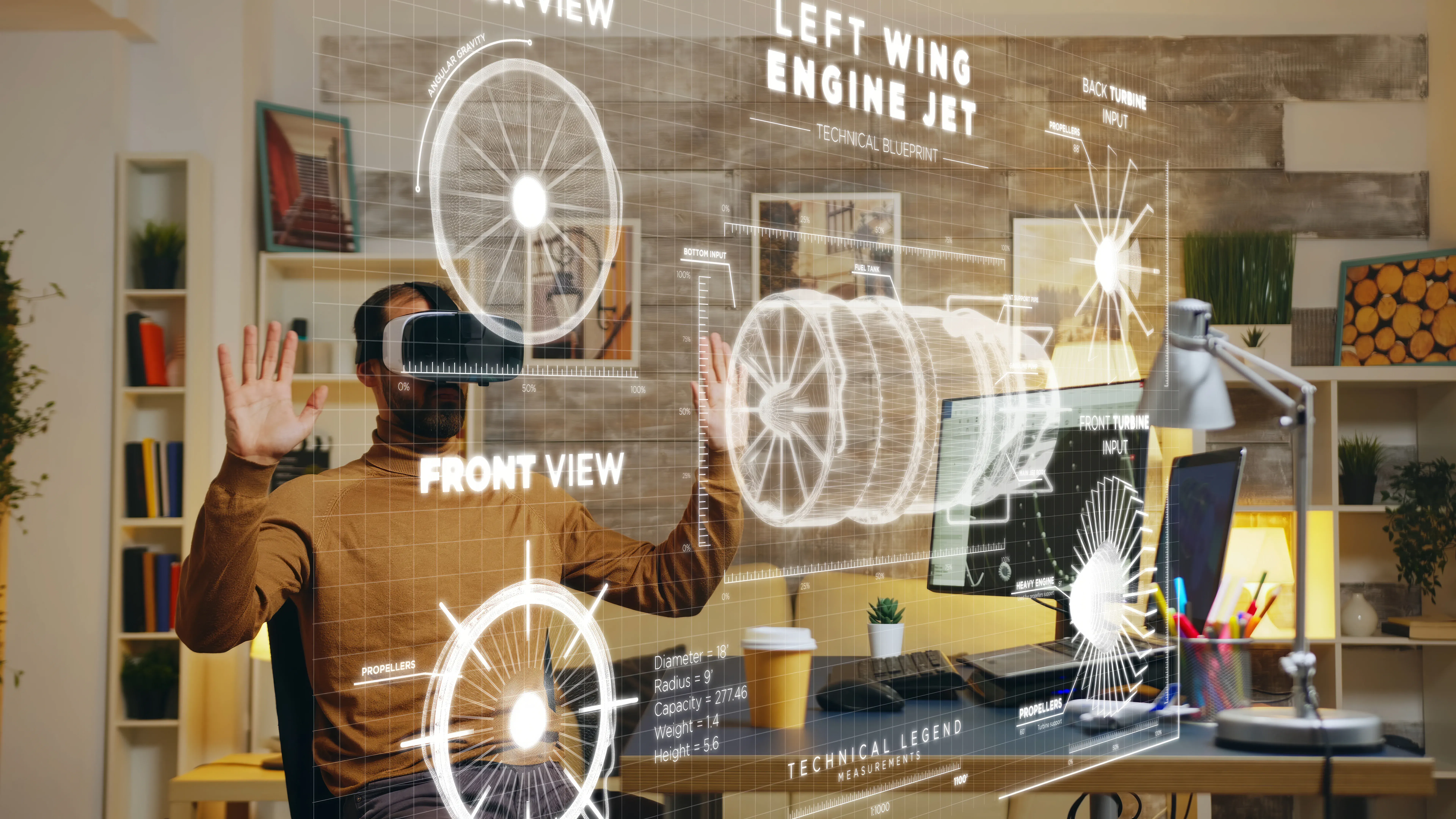 freelancer wearing VR goggles using augmented reality CAD