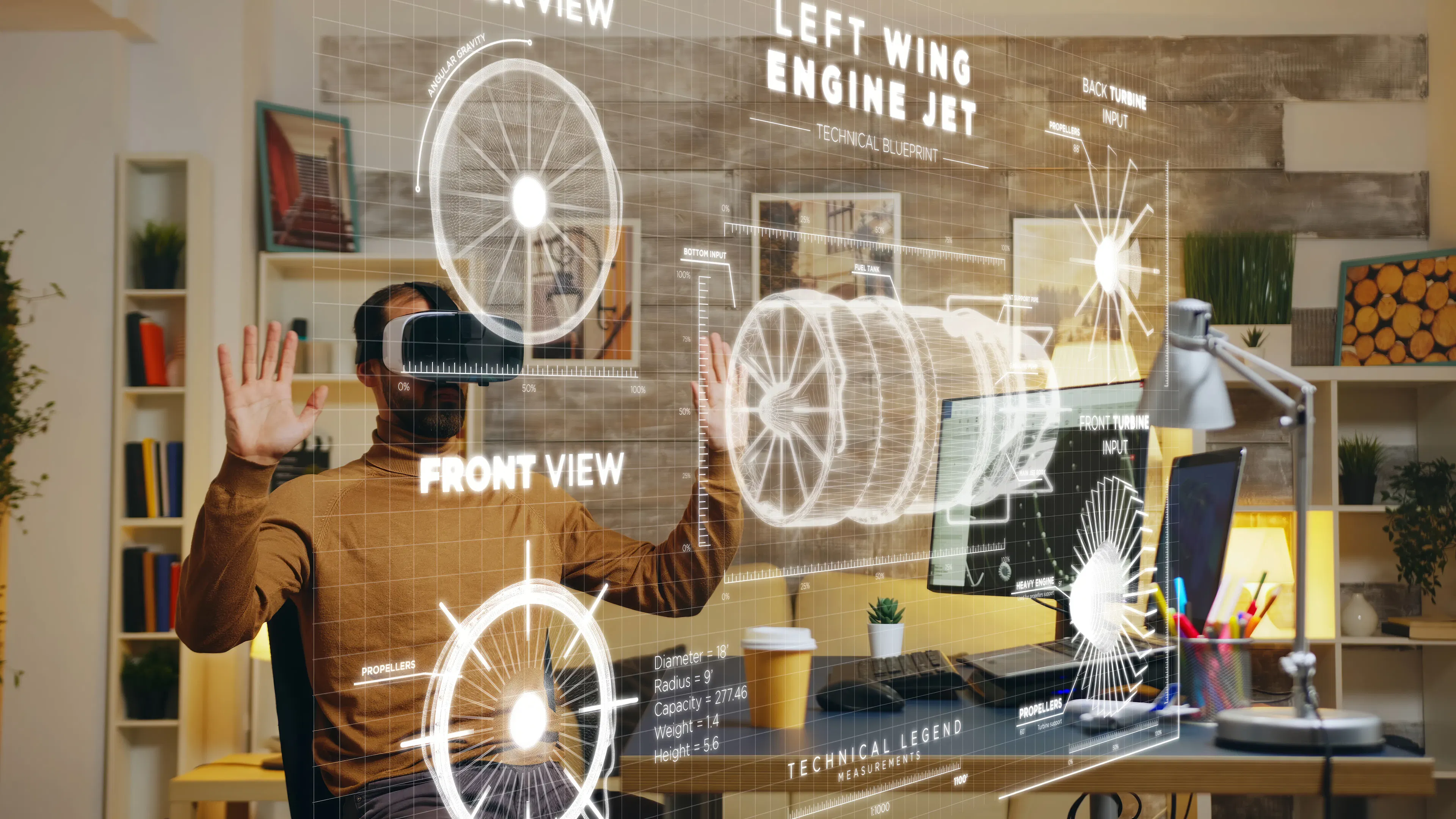 freelancer wearing VR goggles using augmented reality CAD