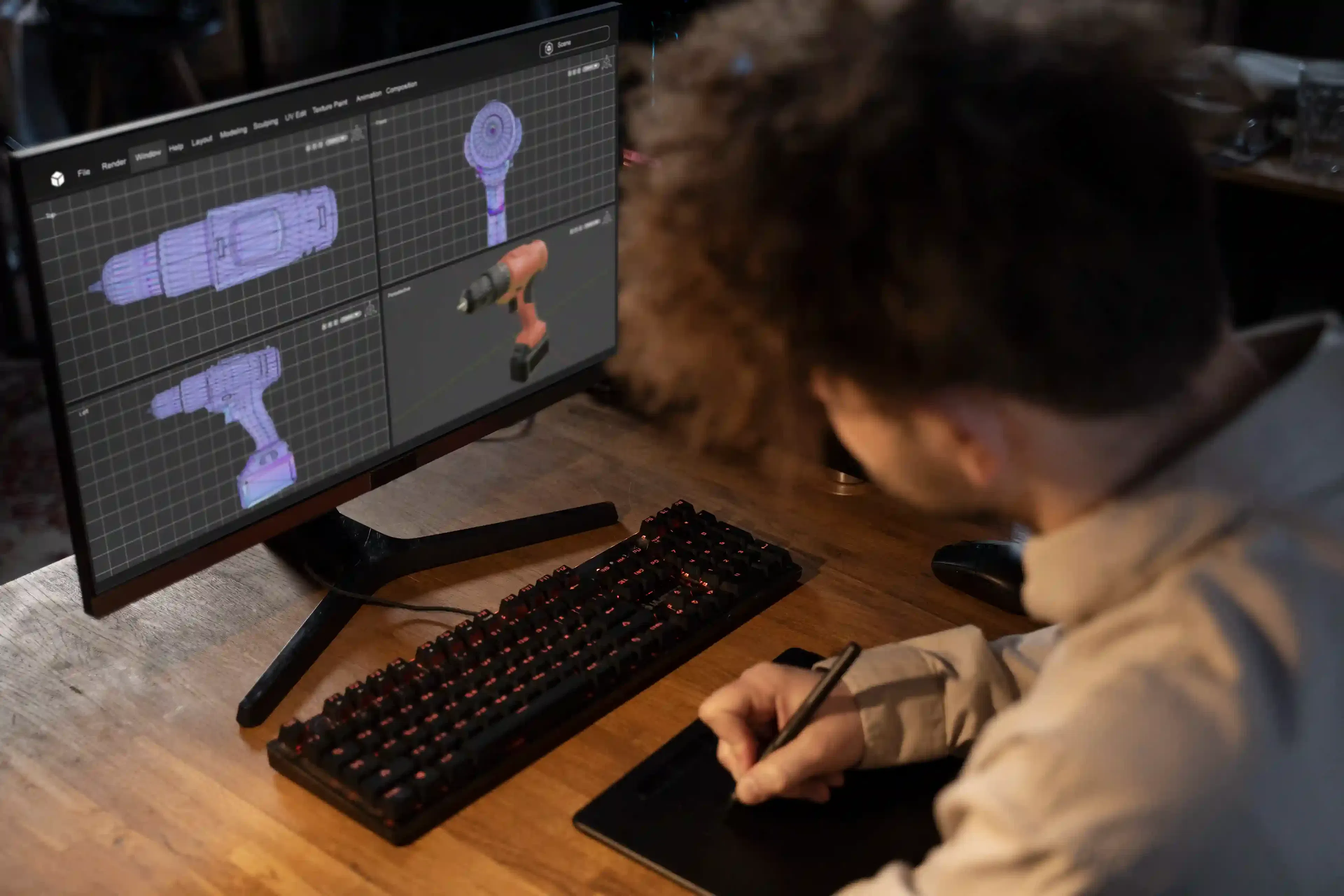 person working on animation or game development project