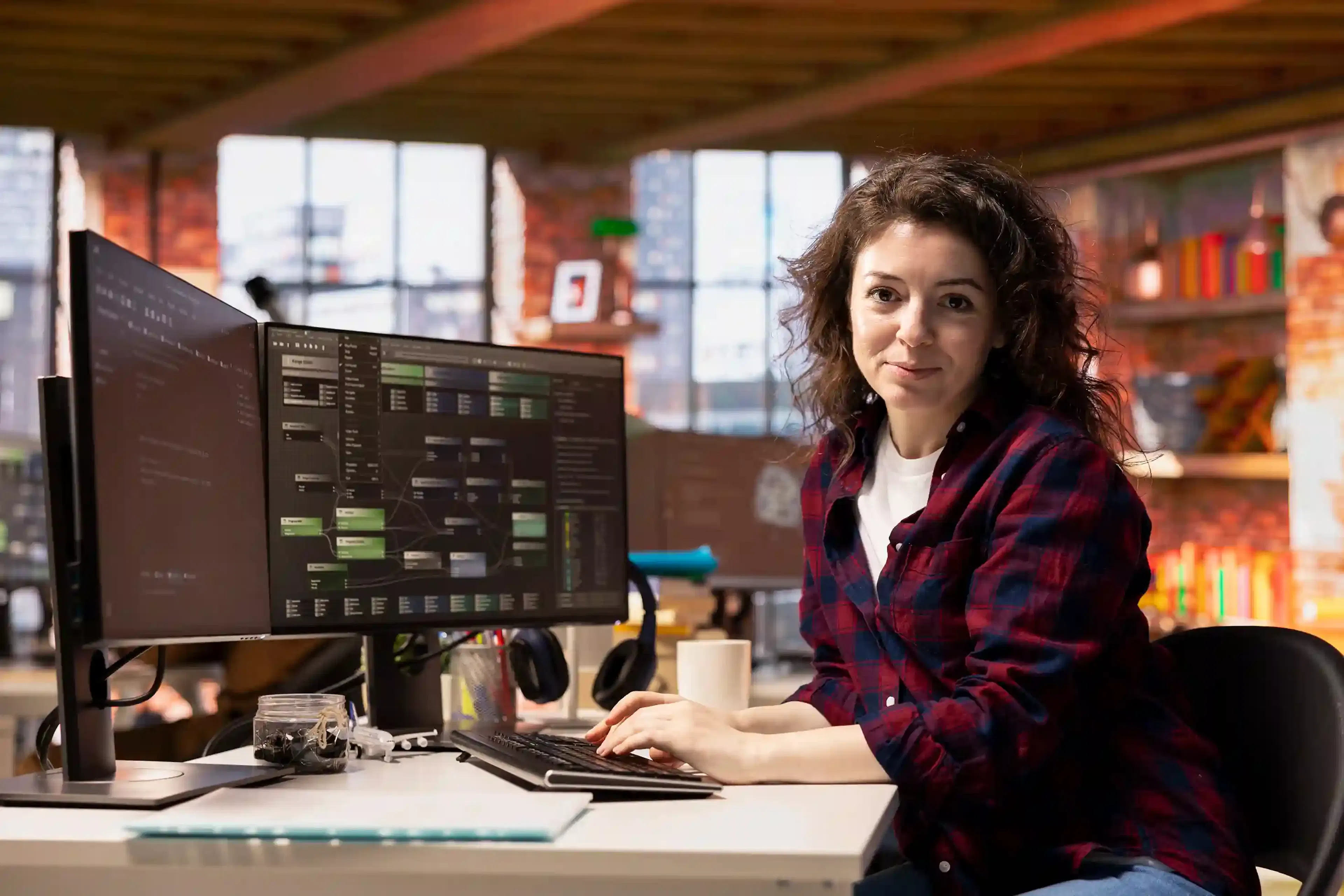 smiling woman developer coding in startup office