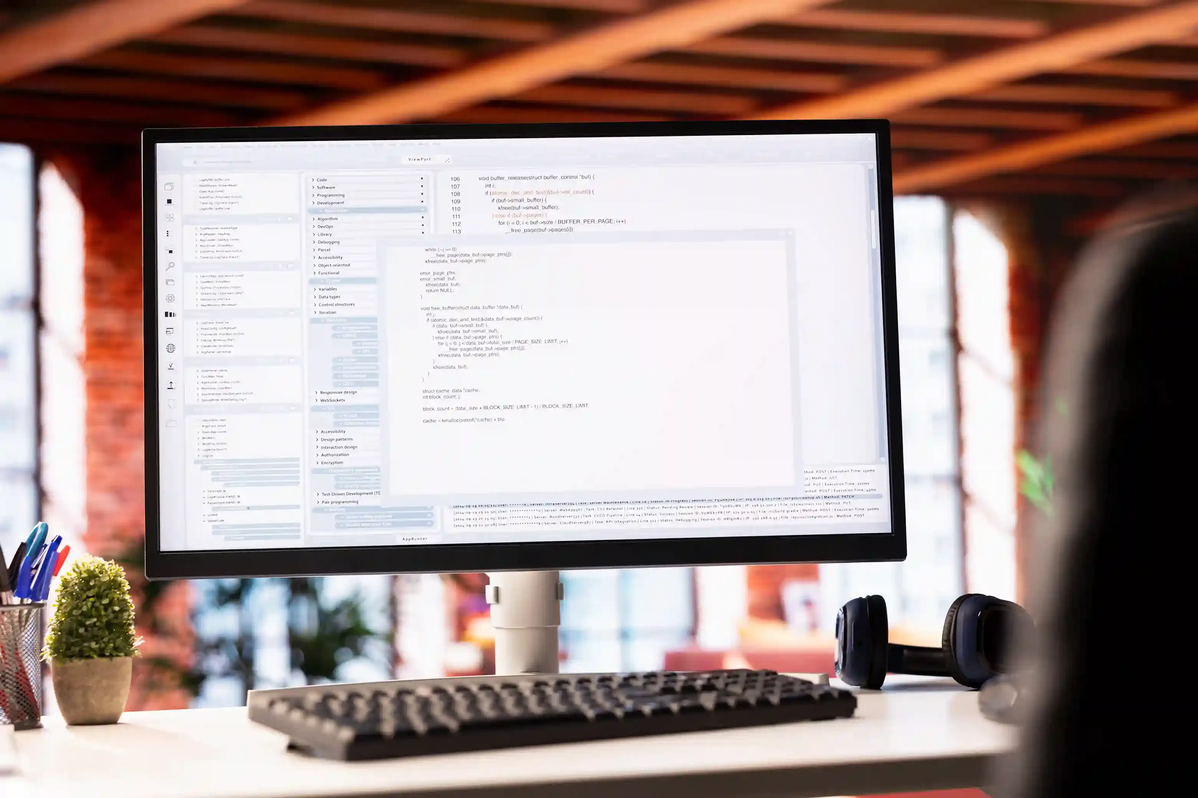 programming code executing on computer monitor in office