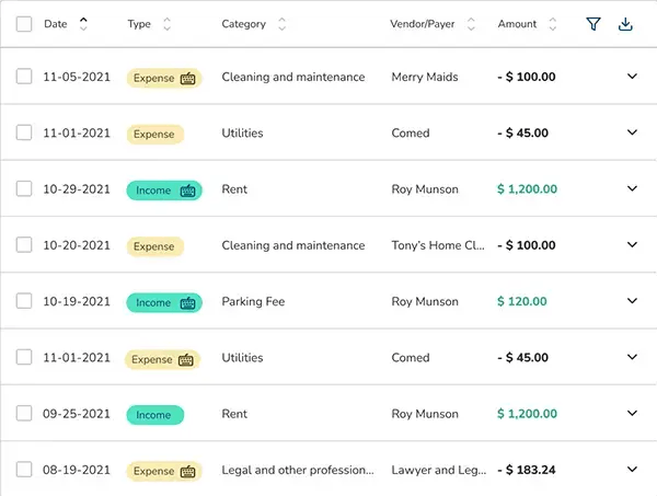 screen of the Avail rental property accounting tool