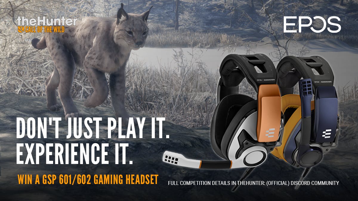 A promotional image for the Apex Hunter 2021 competition showcasing theHunter: Call of the Wild logo, two EPOS gaming headsets, and a gameplay capture of a Eurasian Lynx in Medved-Taiga National Park Reserve.