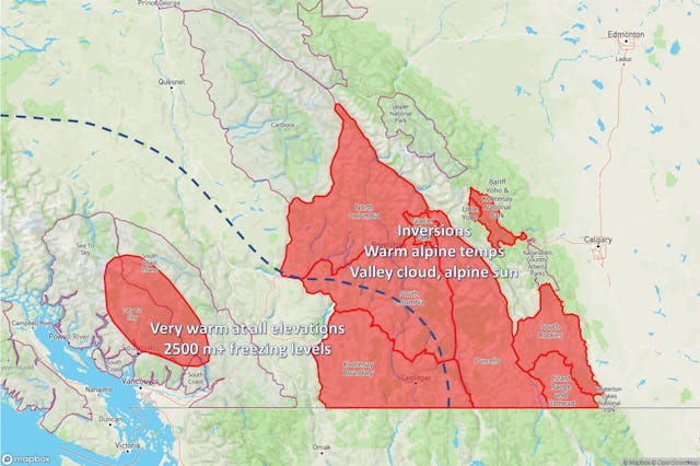 Map of the SPAW with zones indicating areas of full warming (coast) and inversions (interior/Rockies).