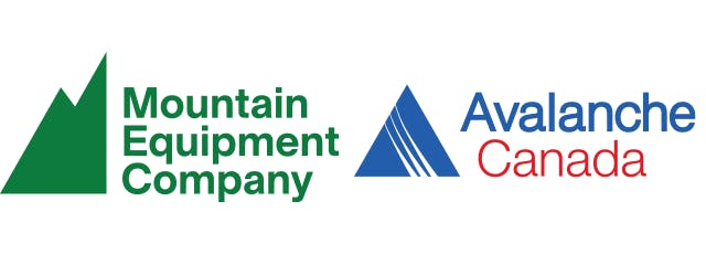 The Mountain Equipment Company mountain logo with text beside the Avalnache Canada logo of blue and red text against a blue mountain shape