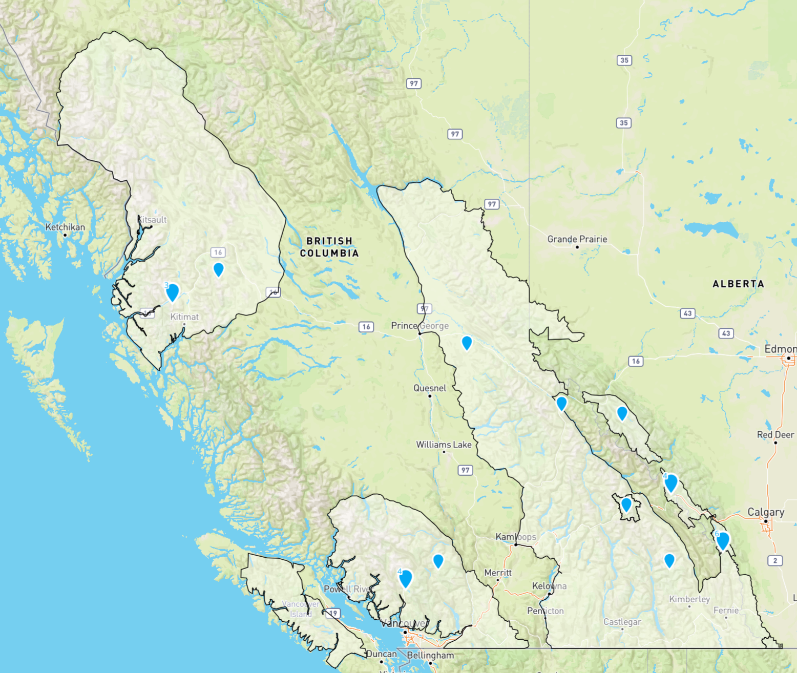 A screenshot of the avalanche.ca home page, with one large white region covering all the forecast areas. 
