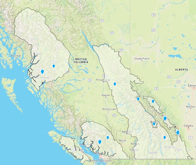 A screenshot of the avalanche.ca home page, with one large white region covering all the forecast areas. 