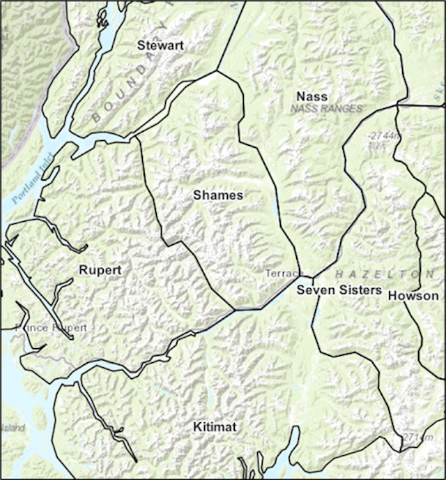 Map shows subregions for the areas around Shames. The subregion boundaries are positioned between the ranges. 