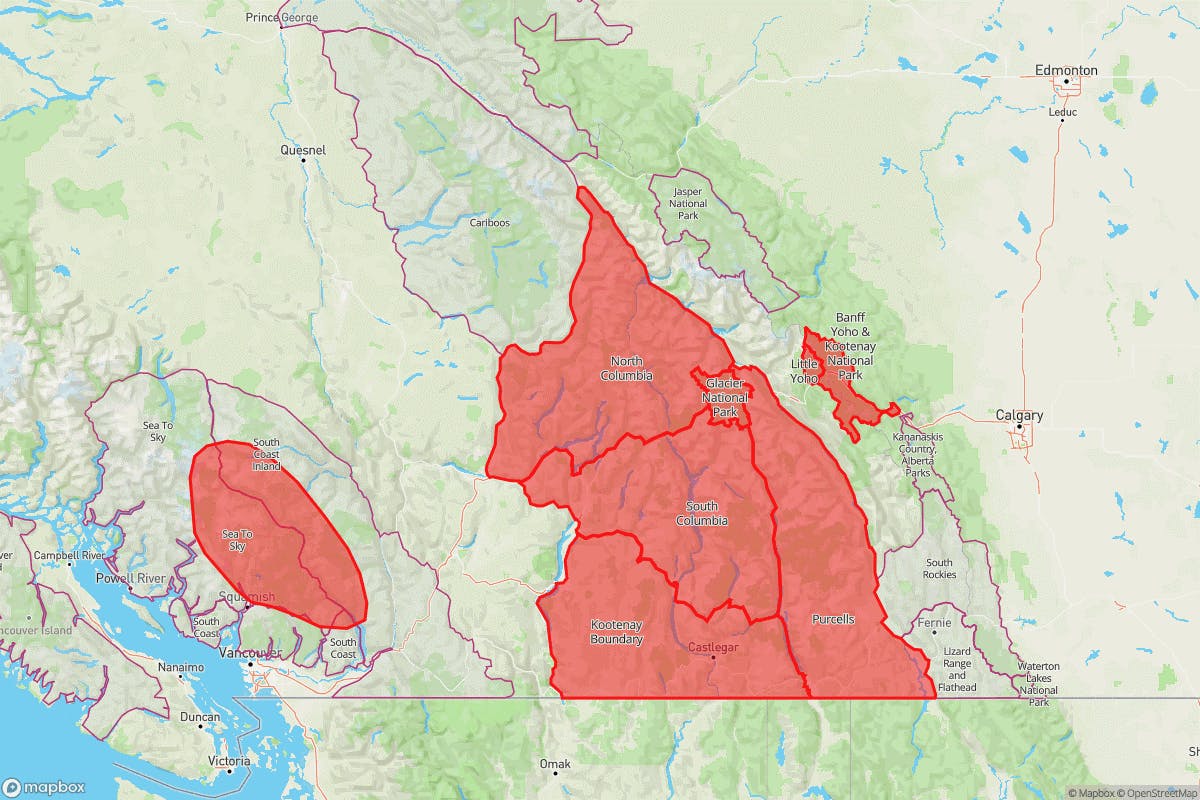 A map showing the forecast regions covered by the Special Public Avalanche Warning in red. The regions included are parts of the Sea to Sky and South Coast Inland, and all of North Columbia, South Columbia, Kootenay-Boundary, Purcells, Glacier National Park, Little Yoho, and Banff-Yoho-Kootenay National Parks.