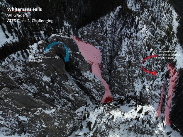 Whiteman Falls climbing from looking down into the canyon, with avalanche terrain highlighted in red