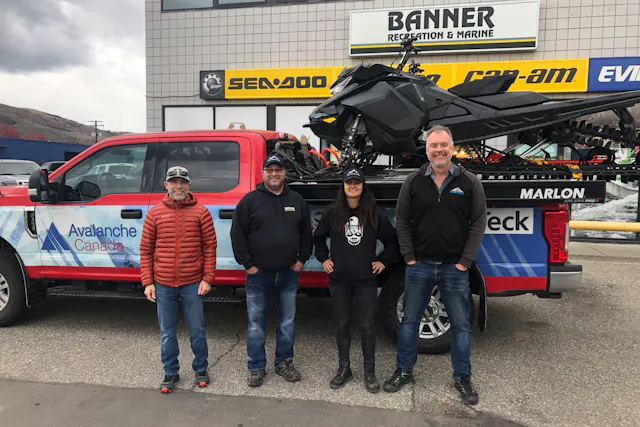 From left to right: Gilles Valade Executive Director, Avalanche Canada; Kevin Marshall, GM Banner Recreation; Savanna Lebans, Parts Banner Recreation; and Mike Ross, Sales Banner Recreation