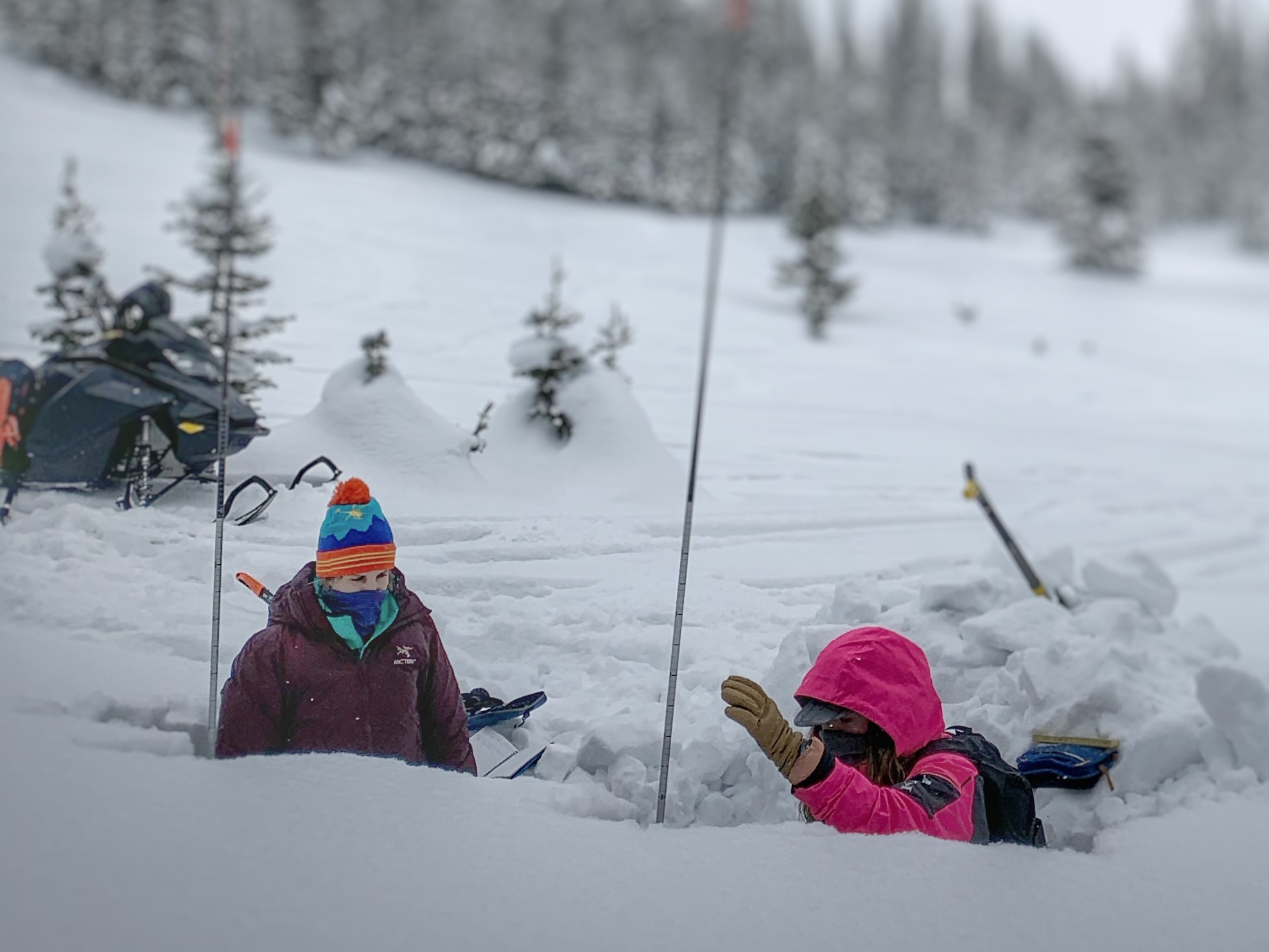 Two people dig a snow profile as part of Avalanche Canada's snowmobile mentorship program.