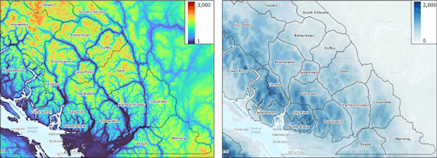 Image shows two maps of the south coast region side by side, one shows elevations and one shows annual precipitation. The maps show areas that correlate between the two measures. 
